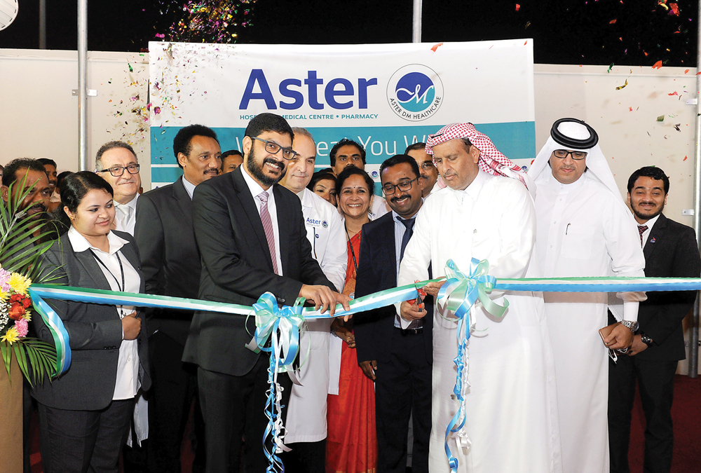 Sheikh Ali bin Abdulla bin Ahmed Al Thani inaugurating the seventh branch of Aster Medical Centre at Al Gharafa, yesterday. Dr Sameer Moopan, Chief Executive Officer, Aster, and several other officials, doctors, and guests were present at the event.Pic: 