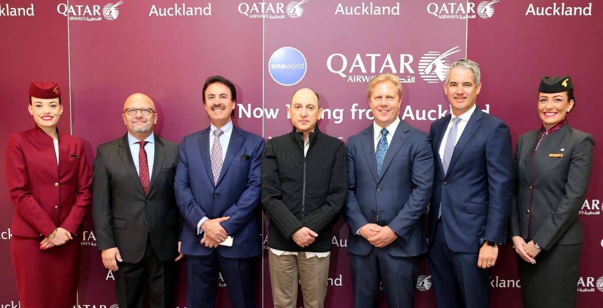 Qatar Airways Group Chief Executive, Akbar Al Baker, with Hon Todd McClay, Minister of Trade and State Owned Enterprises; Ambassador Nasser bin Hamad Mubarak Al Khalifa; Adrian Littlewood, Auckland Airport Chief Executive; and QA Senior Vice President Asi