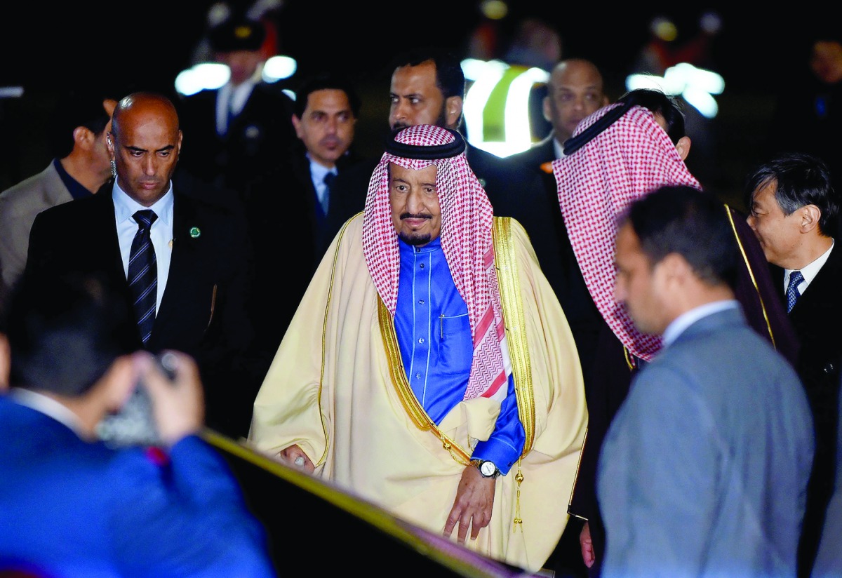 The Custodian of the Two Holy Mosques, King Salman bin Abdulaziz Al Saud of the Kingdom of Saudi Arabia, heads for his car after getting off the plane upon his arrival at Haneda Airport in Tokyo yesterday. King Salman arrived in Japan to meet with Emperor