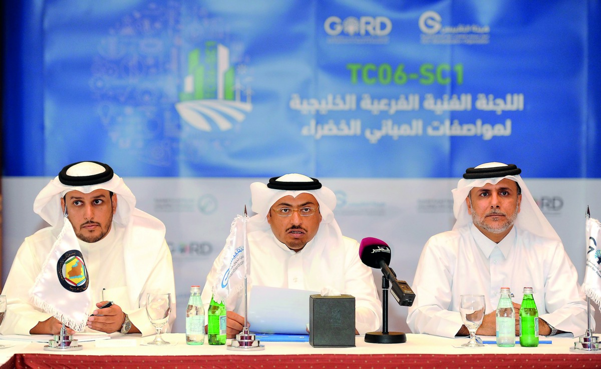 Dr Yousef Mohamed Al Horr (right), Chairman, Gulf Organistion for Research and Development, with Eng Abdullah Al Rubai (left), Director of Municipalities and Housing in GCC; and Eng Mohammed Abdullah Al Dablan, Representative, GSO, at the meeting, held at
