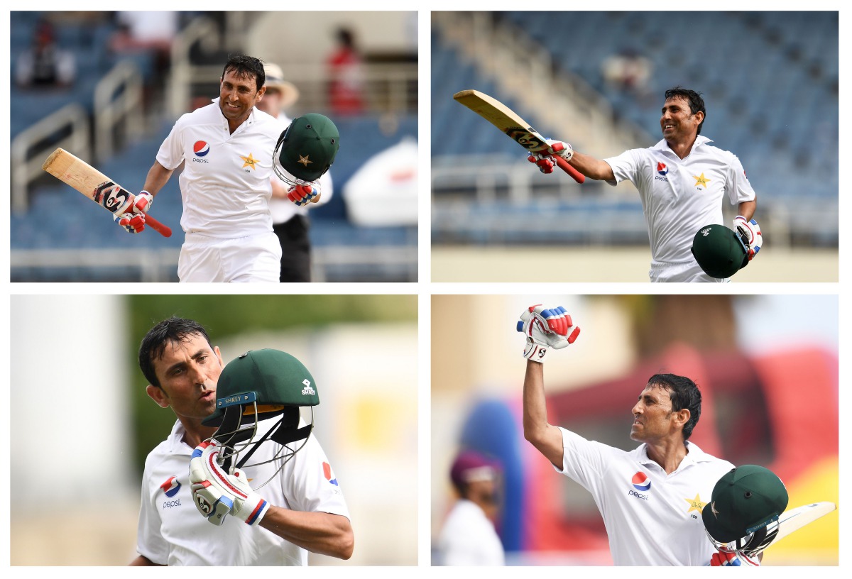 This combination of four pictures shows Pakistan's batsman Younis Khan celebrating after reaching his 10,000th Test run, on day three of the first Test match between West Indies and Pakistan at the Sabina Park in Kingston, Jamaica, on April 23, 2017. Khan