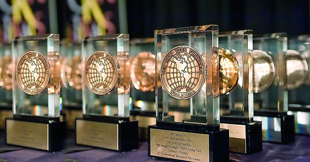 A row of trophies won by Al Jazeera Media Network.