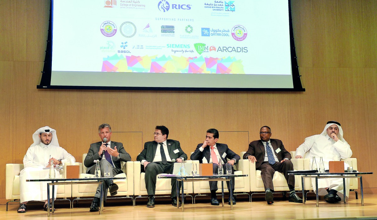 FROM LEFT: QGBC Director Eng Meshal Al Shamari; Regional Director, RICS, Robert Jackson; Regional Representative for Gulf States, Director of UN Habitat Office, Kuwait, Prof Dr Tarek Azmy El Sheikh; Tadmur Holding Group CEO Dafer Mustafa Hallawa; Director