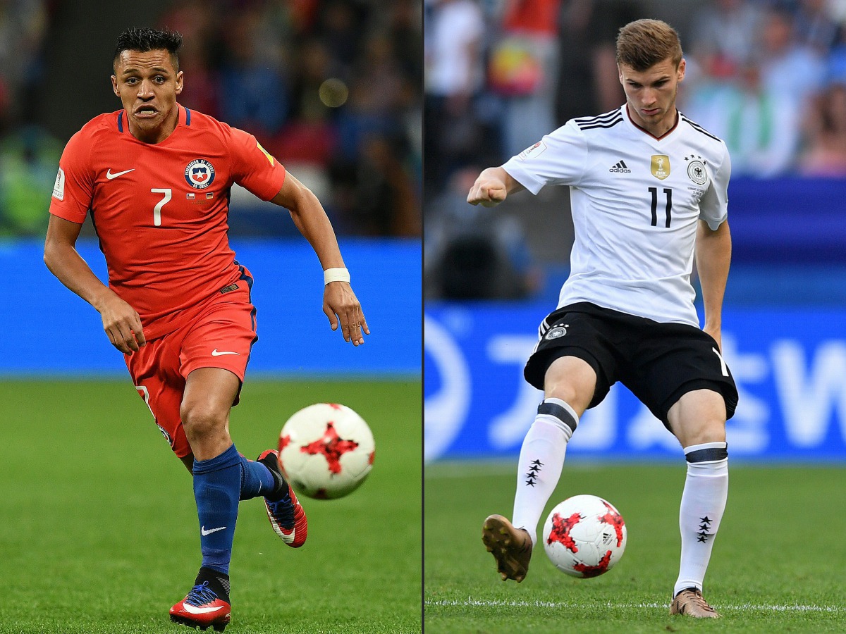 This combination of pictures created on June 30, 2017 shows Chile's forward Alexis Sanchez (L) in Kazan on June 22, 2017 and Germany's forward Timo Werner in Sochi on June 25, 2017 during the 2017 FIFA Confederations Cup football tournament in Russia. (AF