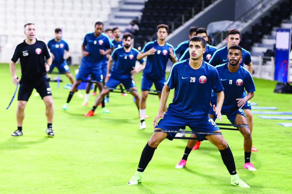 Qatari players during a training session ahead of their opening game of AFC U-23 Asian Cup qualifying tournament against Turkmenistan.  
