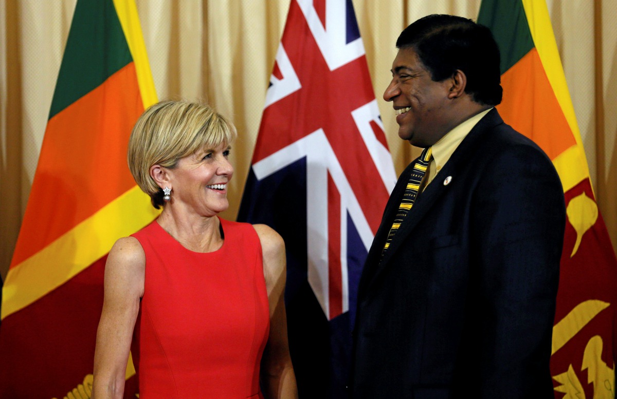 Australian Minister for Foreign Affairs Julie Bishop shares a moment with her Sri Lankan counterpart Ravi Karunanayake during their bilateral meeting in Colombo, Sri Lanka July 19, 2017. Reuters/Dinuka Liyanawatte