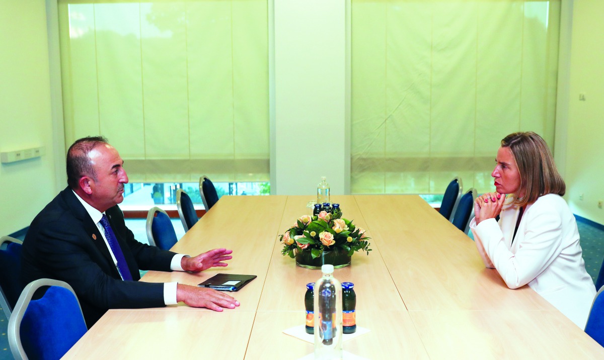 Foreign Affairs Minister of Turkey, Mevlut Cavusoglu (left), meets with EU High Representative Federica Mogherini during the Bled Strategic Forum in Bled, Slovenia, yesterday.