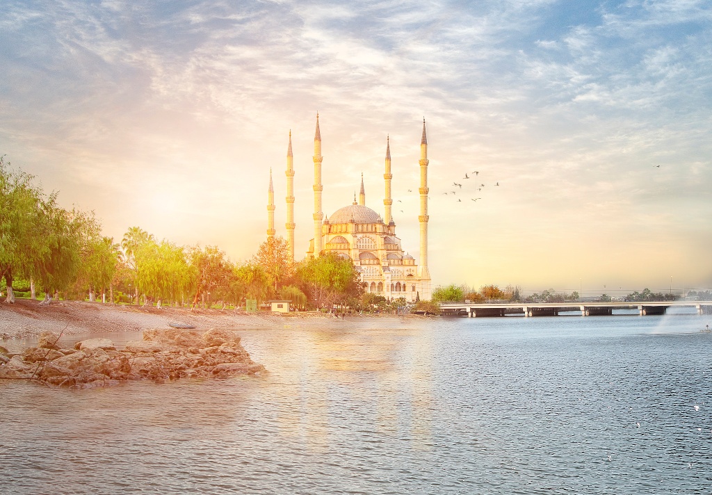 Central mosque and stone bridge in Adana Turkey 