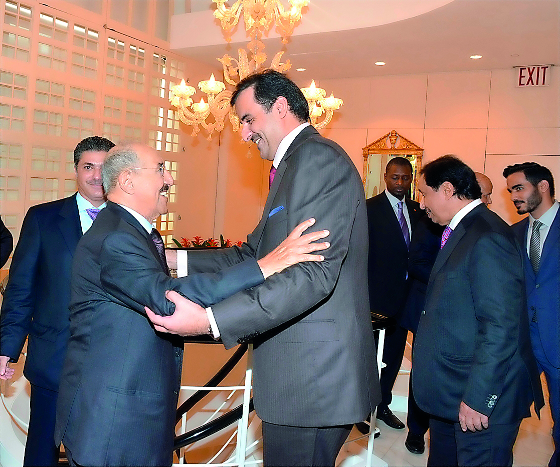 Emir H H Sheikh Tamim bin Hamad Al Thani with the Emir of Kuwait, H H Sheikh Sabah Al Ahmad Al Jaber Al Sabah, at the headquarters of Kuwait’s Permanent Mission to the United Nations in New York, yesterday.