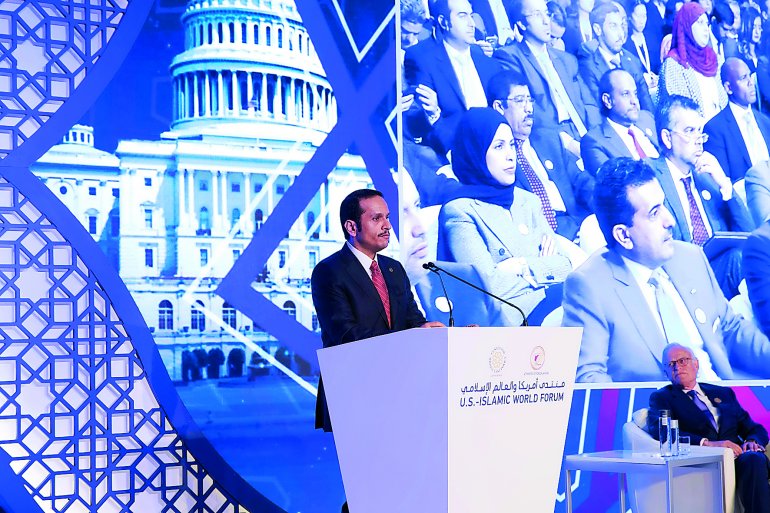 Foreign Minister H E Sheikh Mohammed bin Abdulrahman Al Thani addressing the US-Islamic World Forum in New York on Sunday.
