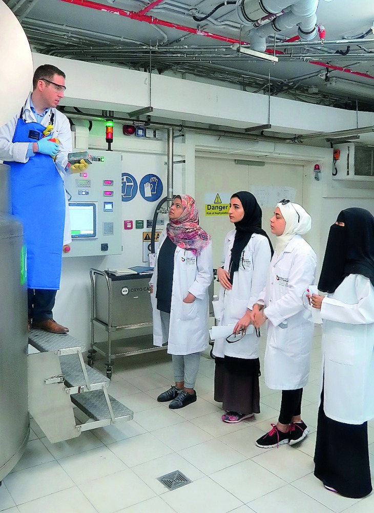 Students from Qatar University listen to an expert about biobanking and other laboratory techniques during the Qatar Biobank Summer Experience Program.
