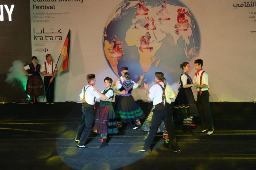 German folkloric troupe, ‘Shlitzerlander Trachten-und Volkstanzkreis’, performs at the Cultural Diversity Festival at Katara Amphitheatre last night.