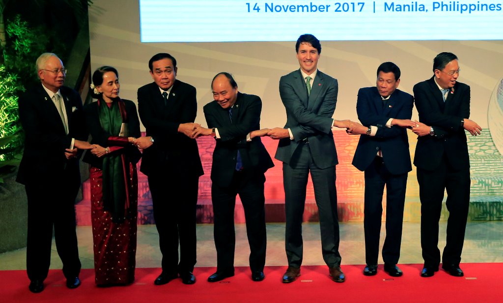 Malaysia's Prime Minister Najib Razak, Myanmar's State Counsellor and Foreign Minister Aung San Suu Kyi, Thailand's Prime Minister Prayut Chan-o-Cha, Vietnam's Prime Minister Nguyen Xuan Phuc, Canada's Prime Minister Justin Trudeau, Philippine President R