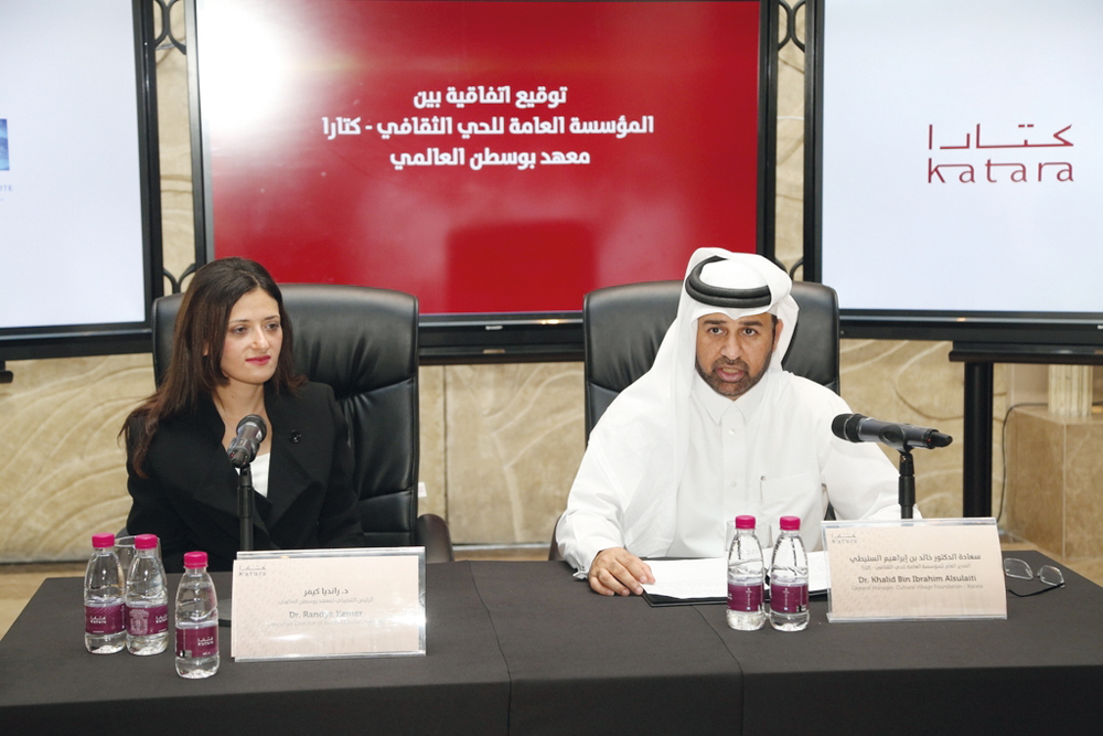 Katara General Manager, Dr. Khalid bin Ibrahim Al Sulaiti (right), and Boston Global Institute Executive Director, Dr. Randya Kemer, at the MoU signing at Katara on Thursday.