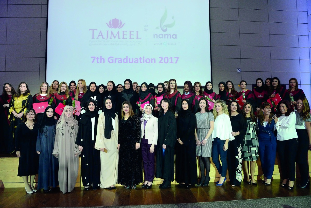 The seventh batch of students from the Qatar International Beauty Academy (Tajmeel), a Nama institution, pose for photograph during the ceremony. 
