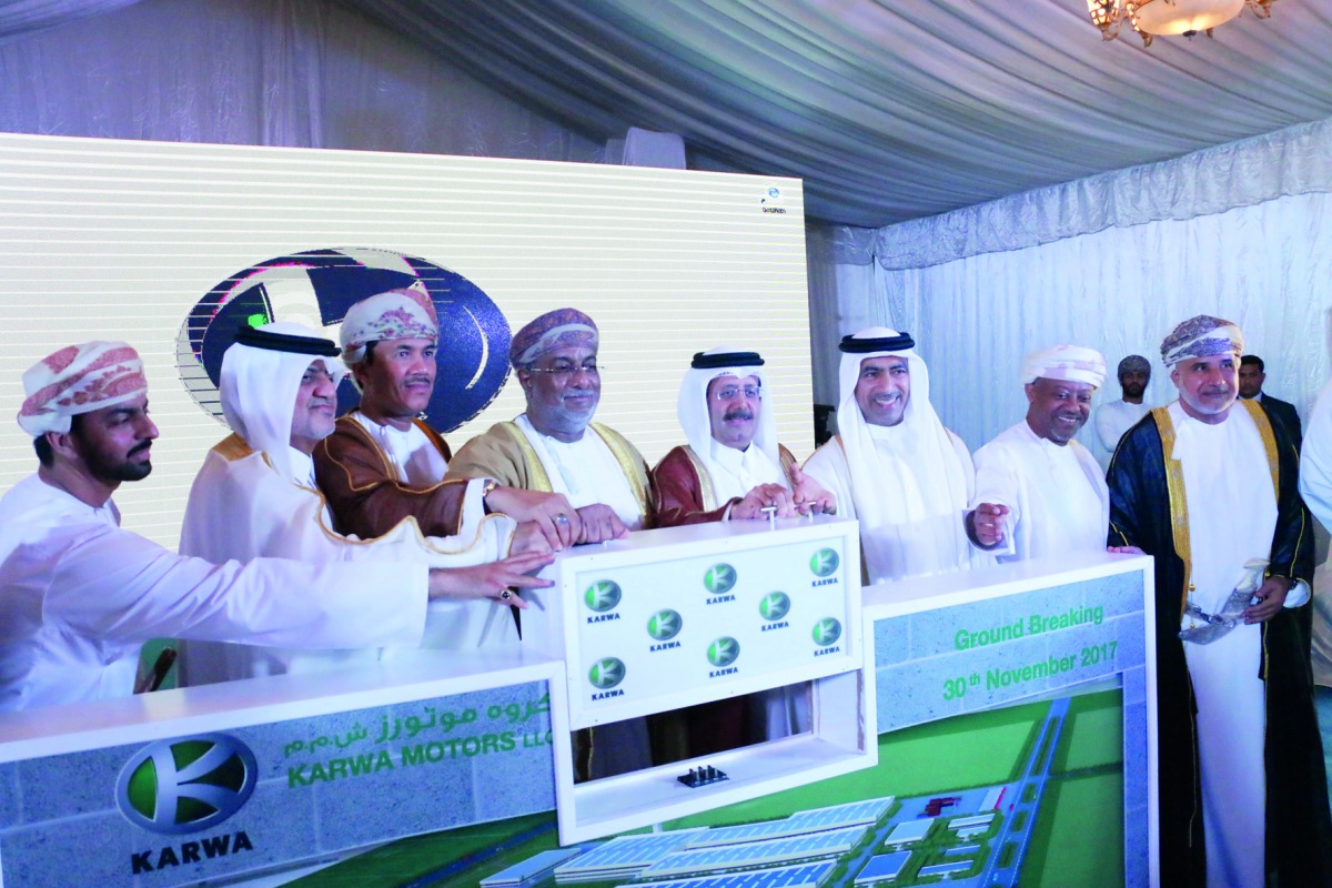 Mowasalat Qatar, and Oman Investment Fund (OIF) officials during the foundation stone laying ceremony in Duqm, Oman, yesterday.