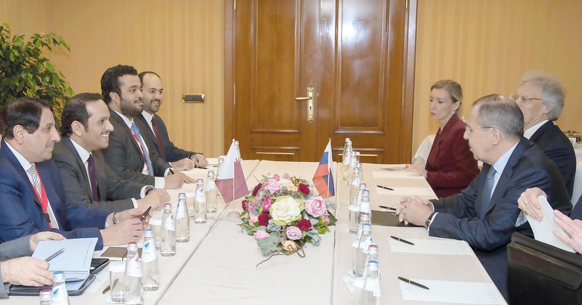 Deputy Prime Minister and Foreign Minister H E Sheikh Mohammed bin Abdulrahman Al Thani with Russian Foreign Minister Sergei Lavrov, in Rome, yesterday.
