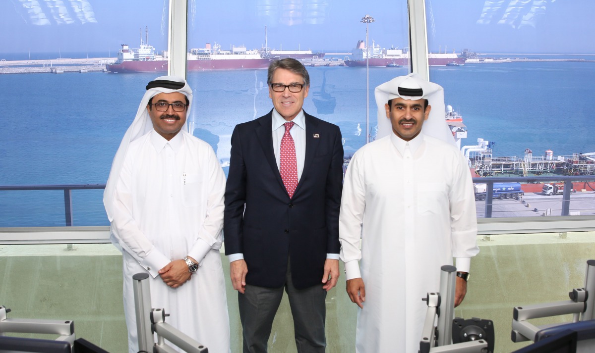 H E Dr Mohammed bin Saleh Al Sada (left), the Minister of Energy and Industry; the US Secretary of Energy, Rick Perry (centre); and Saad Sherida Al Kaabi, the President and CEO of Qatar Petroleum, at Ras Laffan Industrial City, yesterday.  