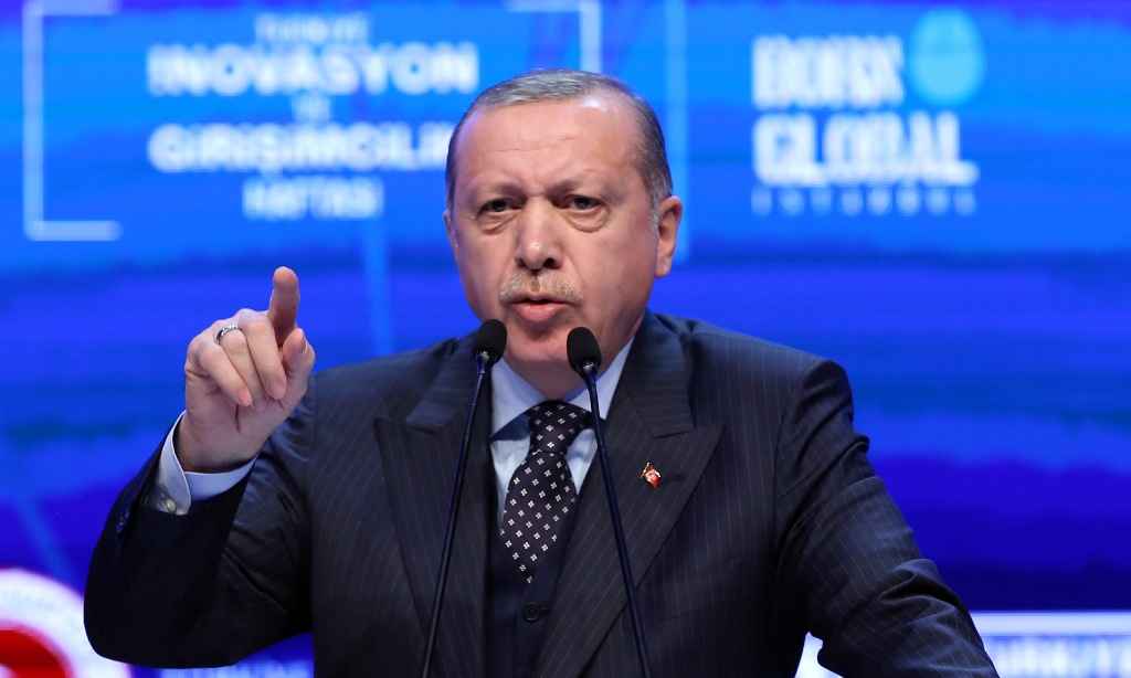 Turkish President Recep Tayyip Erdogan delivers a speech during the closing of Turkish Exporters' Assembly's Innovation and Entrepreneurship Week in Istanbul, Turkey on December 9, 2017. Presidency of Turkey / Yasin Bülbül