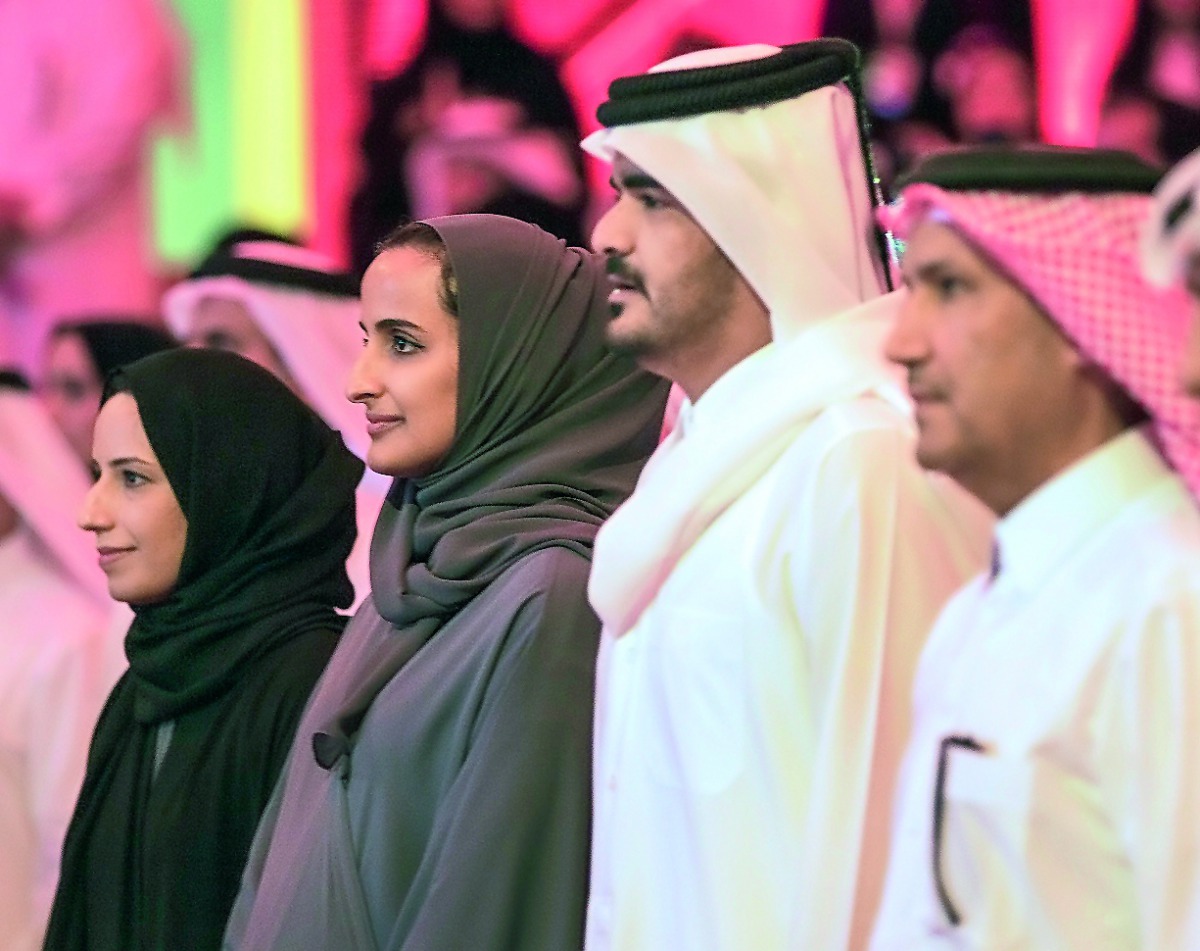 H E Sheikha Hind bint Hamad Al Thani, Vice-Chairperson and Chief Executive Officer of Qatar Foundation, and H E Sheikh Joaan bin Hamad Al Thani, Chairperson of Qatar Leadership Academy, attending QF’s Pre-University Education’s National Day celebrations a