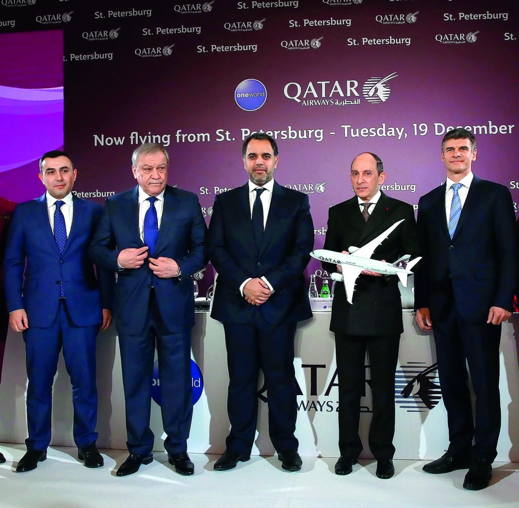 Qatar Airways Group Chief Executive, Akbar Al Baker (second right), and other dignitaries at the event to celebrate the touchdown of Qatar Airways first daily direct flight to St Petersburg on December 19.