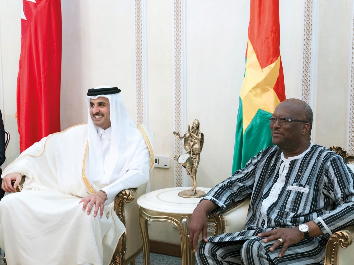Emir H H Sheikh Tamim bin Hamad Al Thani with President of the Republic of Burkina Faso, Roch Marc Christian Kabore, at the Presidential Palace in Ouagadougou, yesterday.