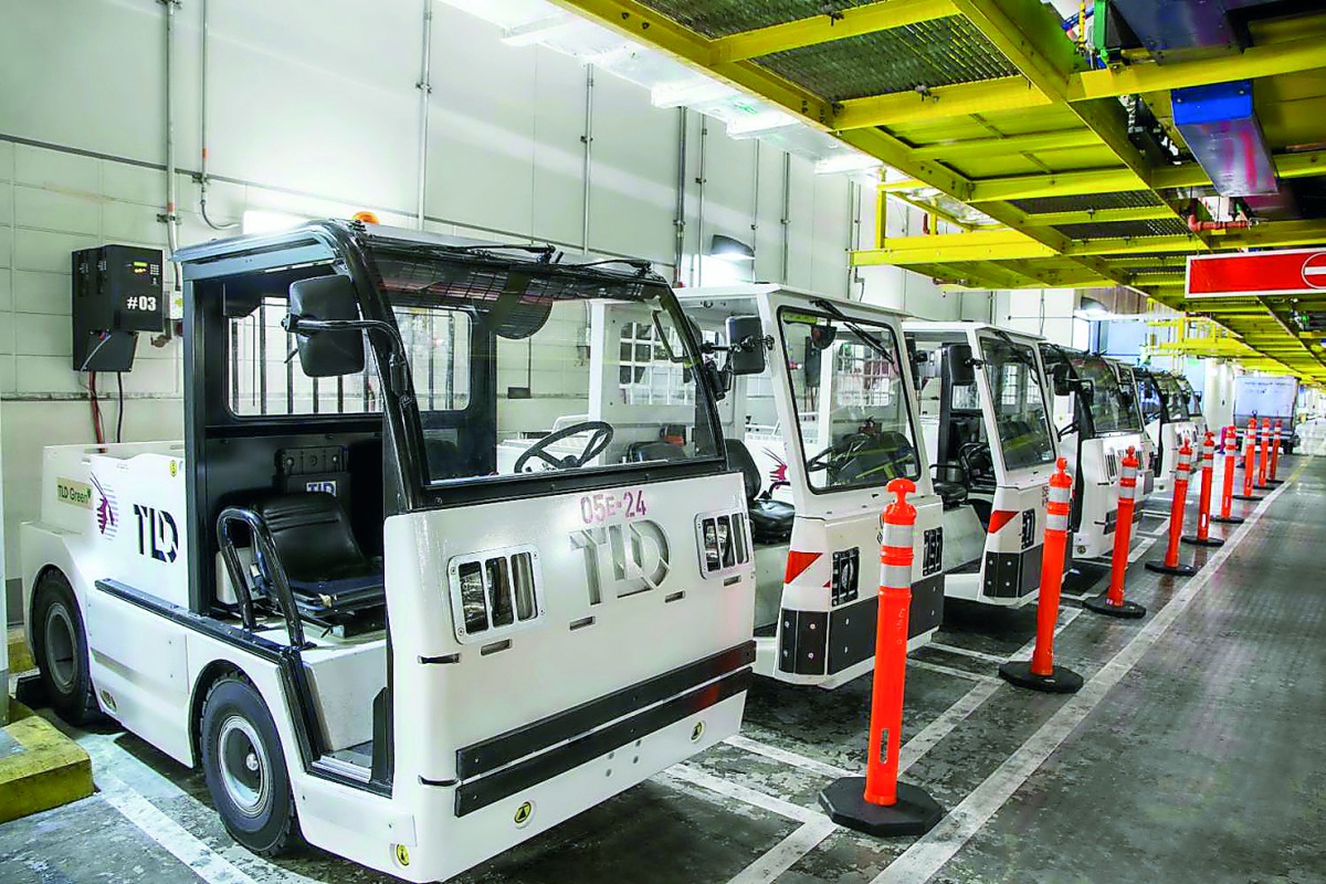 Electric vehicles deployed by Qatar Airways at airport. 
