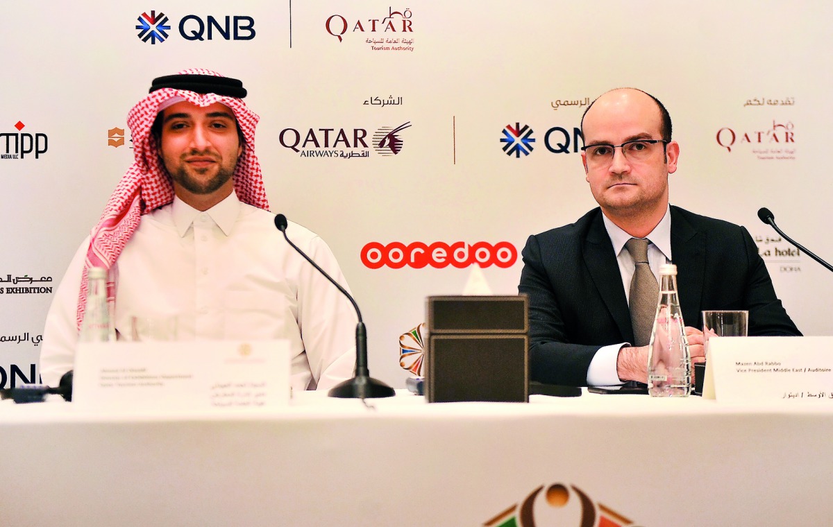 FROM LEFT: Ahmed Al Obaidli, Director of Exhibitions at Qatar Tourism Authority and Mazen Abd Rabbo, Vice-President of Auditoire Middle East, during a press conference on Doha Jewellery and Watches Exhibition 2018 at Shangri-La Hotel yesterday. Pic:  Bahe