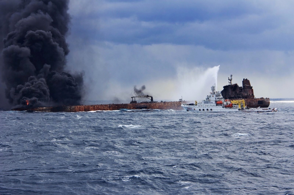 This handout picture taken and released on January 12, 2018 by the Transport Ministry of China shows the Chinese firefighting vessel 