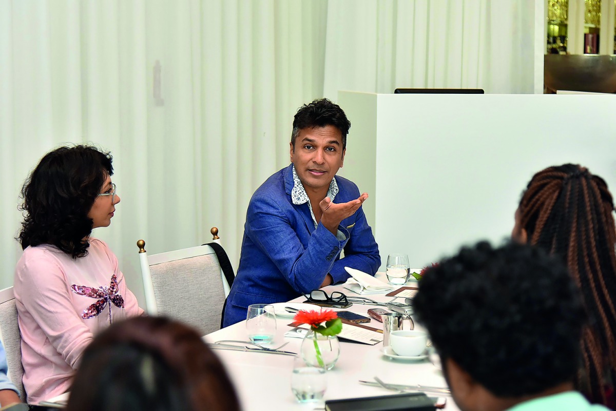 Famous Indian designers Vikram Phadnis (right) and Ankita Chaudhry speak to the media at Mondrian Doha yesterday. 
