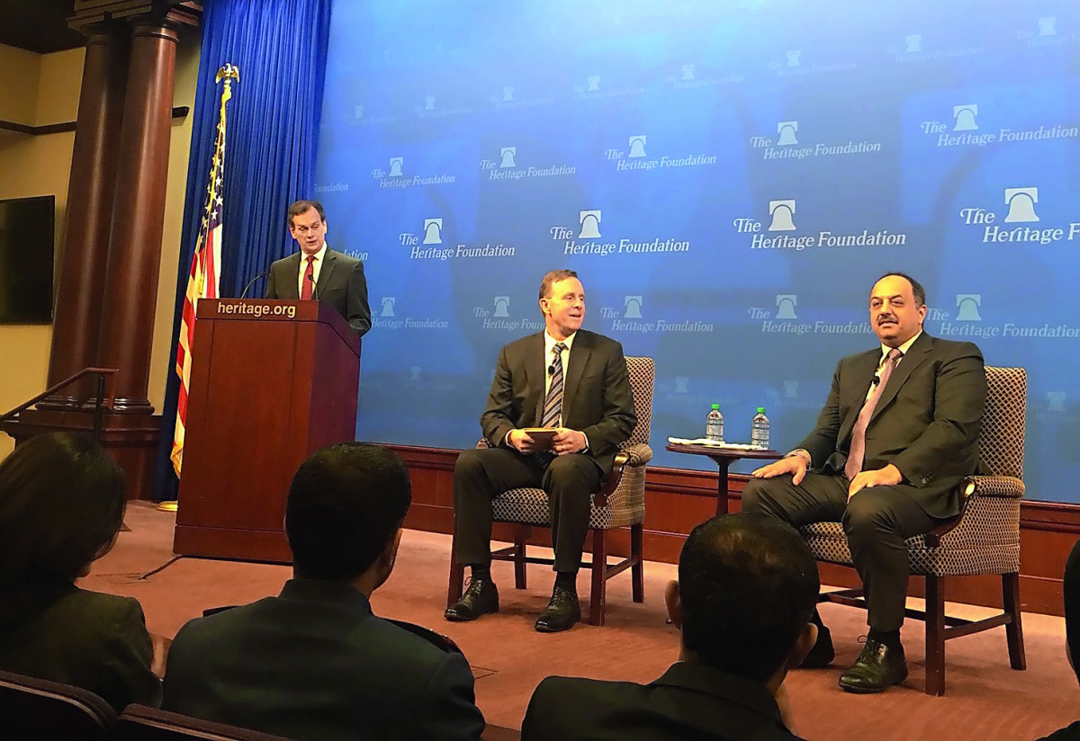 Deputy Prime Minister and Minister of State for Defence H E Dr Khalid bin Mohamed Al Attiyah, talking to The Heritage Foundation about Qatar-US military relations and its impact on long-term security in the region in Washington, yesterday. The Minister is