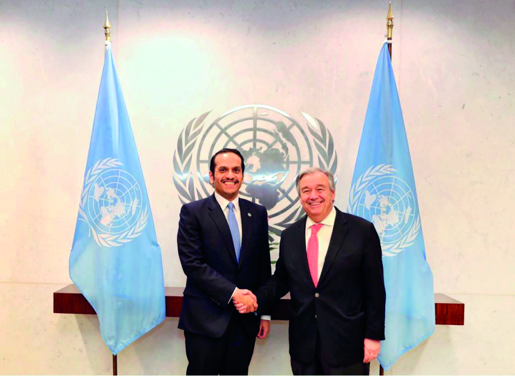 Deputy Prime Minister and Foreign Minister H E Sheikh Mohamed bin Abdulrahman Al Thani with the Secretary-General of the United Nations Antonio Guterres, at the UN headquarters in New York, yesterday.