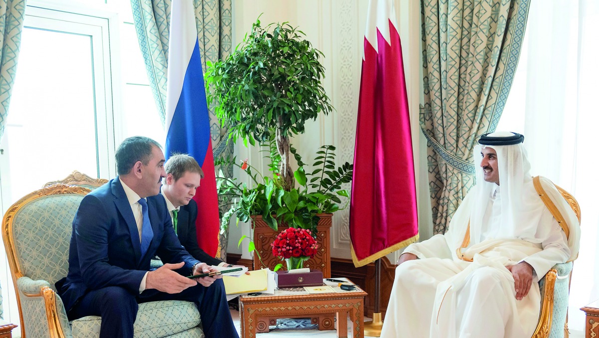 Emir H H Sheikh Tamim bin Hamad Al Thani met with the President of the Russian Republic of Ingushetia, Yunus-bek Yevkurov, at the Emiri Diwan yesterday.  The two sides reviewed aspects of cooperation between the two countries and means of enhancing them i