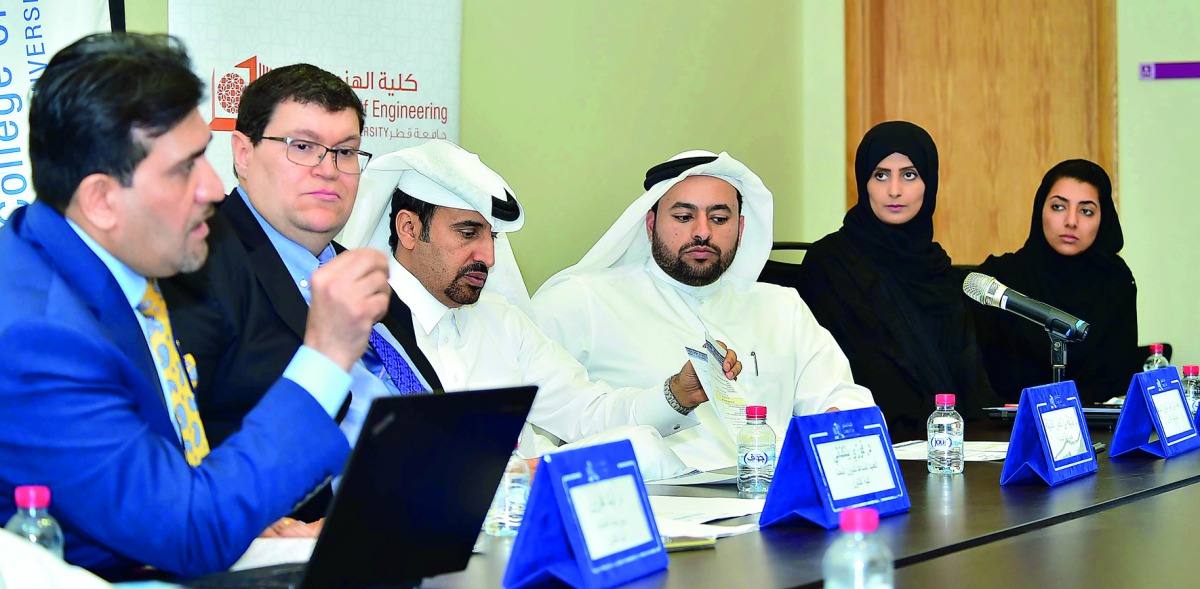 Dr Mohamed Abdulaziz Al Khulaifi (third left), Dean of LAWC; Dr Khalifa Al Khalifa (fourth left), Dean of CENG, with other officials addressing a press conference at Qatar University, yesterday. 