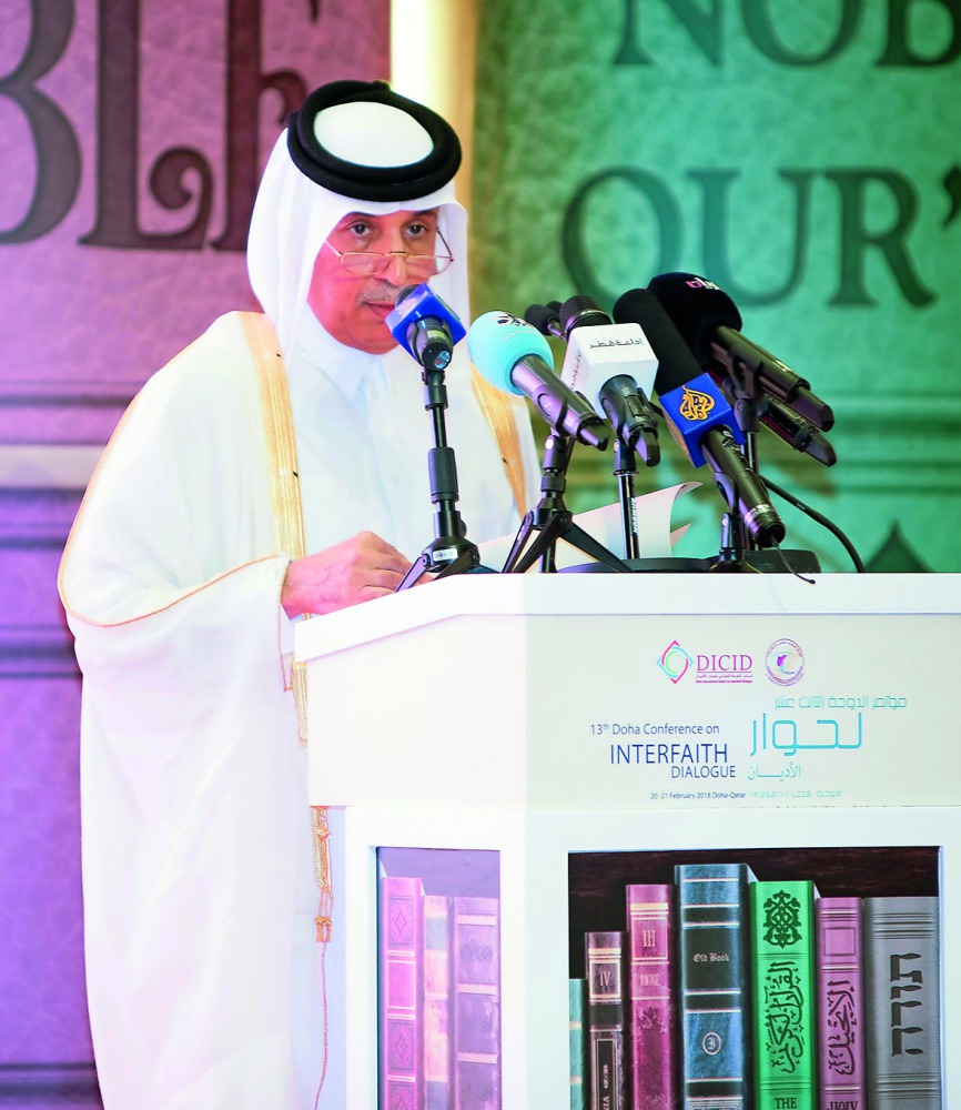 Minister of State for Foreign Affairs H E Sultan bin Saad Al Muraikhi addressing the 13th Interfaith Dialogue.