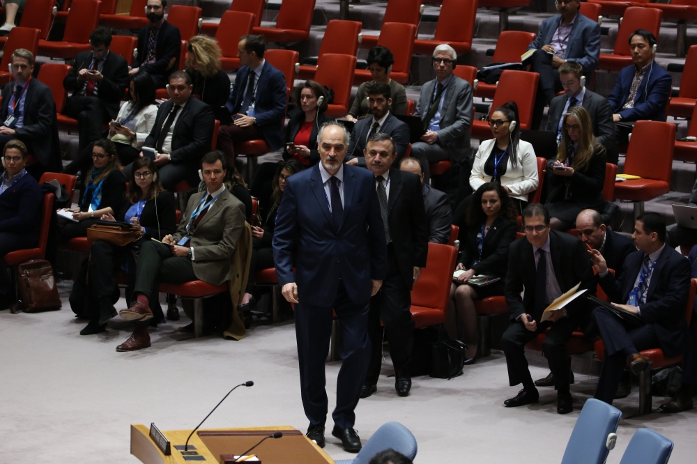 Bashar Jaafari, permanent Representative of the Syrian Arab Republic walks to sit before voting on Sweden's Syria ceasefire resolution during a Security Council meeting at the UN HQ in New York, United States on February 24, 2018. Mohammed Elshamy / Anado