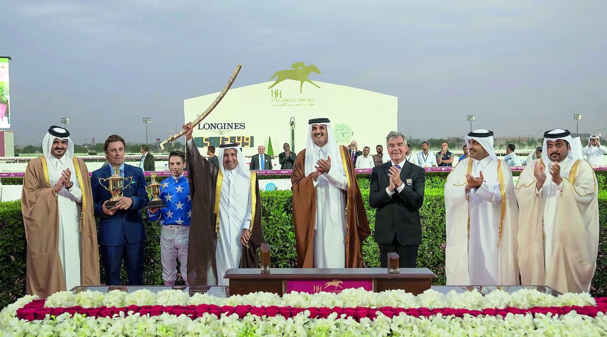 Emir H H Sheikh Tamim bin Hamad Al Thani presented the Golden Sword to H H Sheikh Mohamed bin Khalifa Al Thani, at the Emir’s Sword Festival, yesterday. 