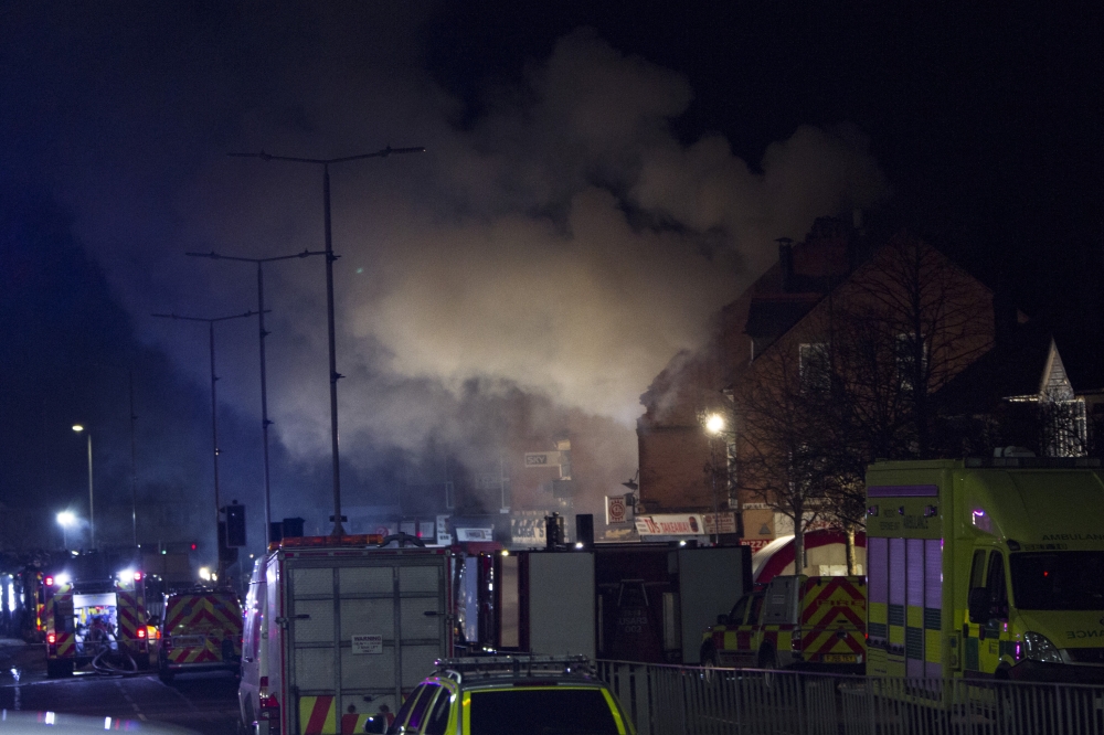 Emergency crews at the scene after an explosion reportedly took place and completely demolished a two-storey building on Hinckley Road in Leicester, United Kingdom on February 25, 2018. Mehmet Er / Anadolu Agency 