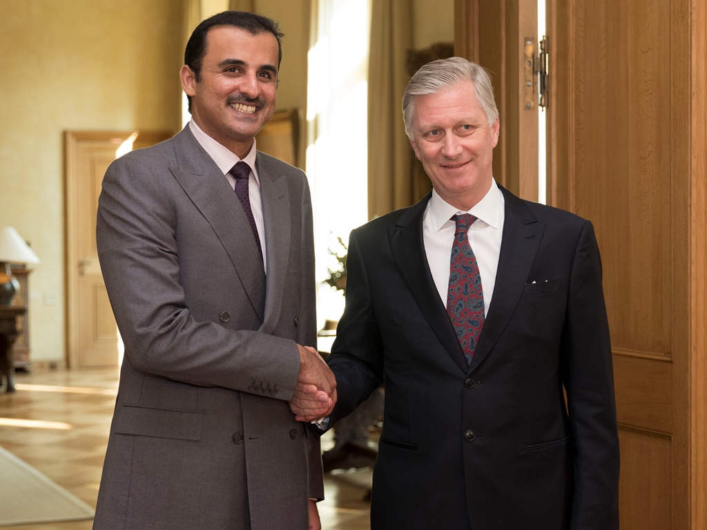 Emir H H Sheikh Tamim bin Hamad Al Thani meeting with H M King Philippe of Belgium at the Royal Palace of Brussels yesterday.