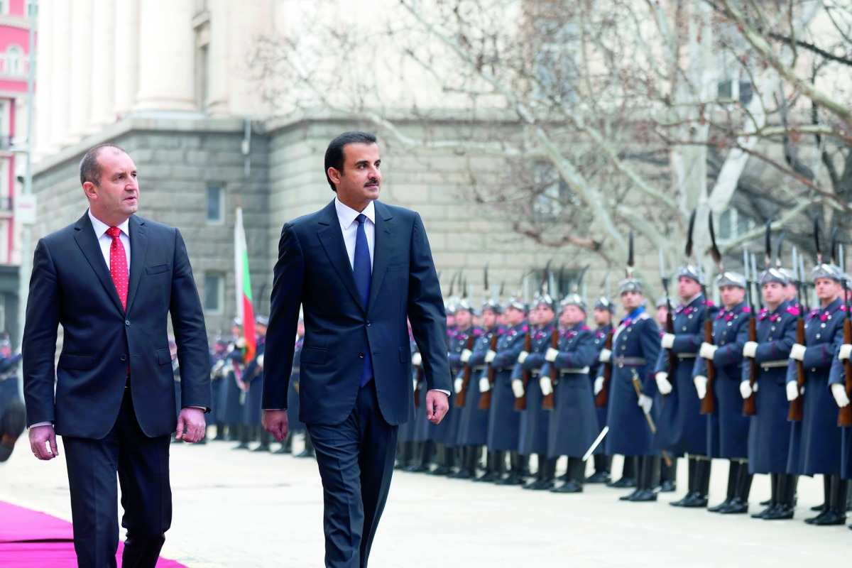 Emir H H Sheikh Tamim bin Hamad Al Thani during an official reception ceremony at the Presidential Palace in Sofia with Bulgarian President Rumen Radev. 