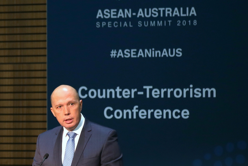 Australia's Home Affairs Minister Peter Dutton speaks at the opening of the Counter Terrorism Conference at being held during the one-off summit of 10-member Association of Southeast Asian Nations (ASEAN) in Sydney, Australia, March 17, 2018. Rick Rycroft
