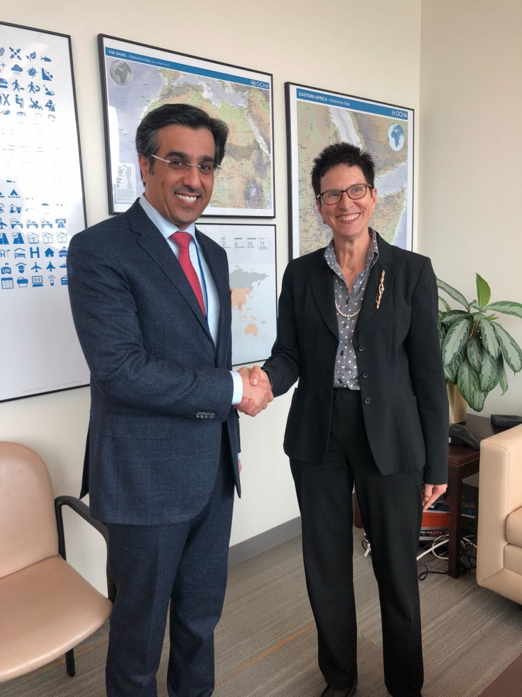 The Chairman of the National Human Rights Committee (NHRC), H E Dr Ali bin Smaikh Al Marri, with UN Assistant Secretary-General for Humanitarian Affairs, Ursula Mueller. 