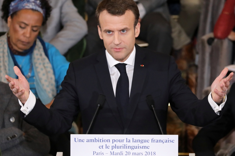 France's President Emmanuel Macron gives a speech to unveil his strategy to promote French language as part of the International Francophonie Day, before members of the French Academy and other guests, at the French Institute in Paris, France, March 20, 2