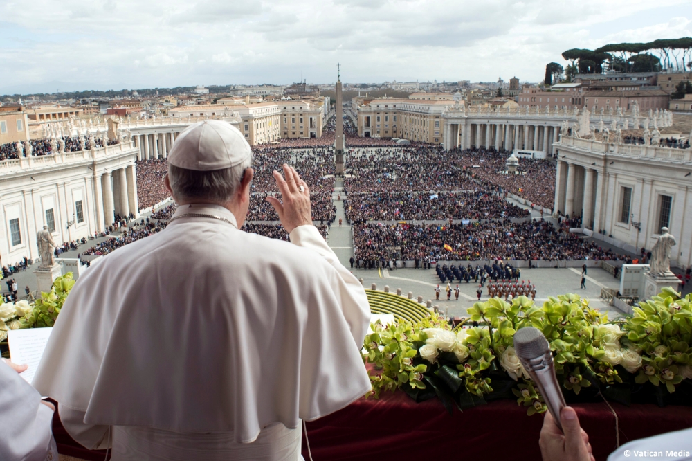 Pope Francis appears before delivering his Easter message in the Urbi et Orbi (to the City and the World) address from the balcony overlooking St. Peter's Square at the Vatican April 1, 2018. Osservatore Romano
