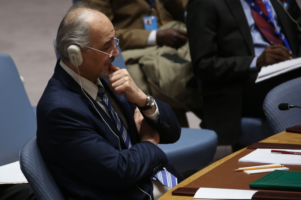 Bashar Jaafari, permanent Representative of the Syrian Arab Republic to the United Nations attends UN Security Council meeting on suspected chemical attacks in Douma, Syria at United Nations Headquarters in New York, United States on April 9, 2018. Mohamm