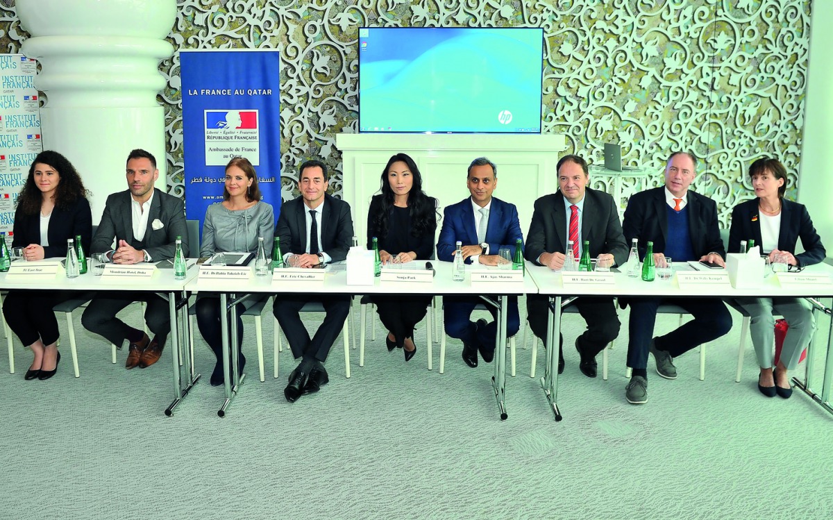 FROM THIRD LEFT: Dr. Bahia Tahzib-lie, Netherlands Ambassador to Qatar; Eric Chevallier, French Ambassador; Sonja Park, Managing Director of MYA and co-founder of CMSQ; Ajay Sharma, British Ambassador; Bart De Groof, Belgian Ambassador and Dr. Willy Kempe