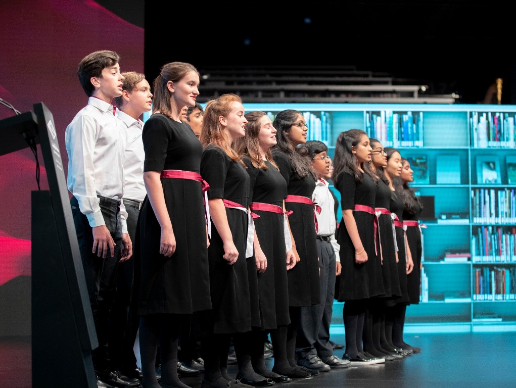 The Doha Youth Choir performing at the opening ceremony of the Qatar National Library yesterday. (QNA)