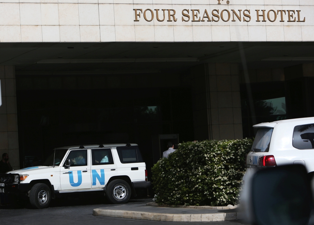 The United Nation vehicle carrying the Organisation for the Prohibition of Chemical Weapons (OPCW) inspectors is seen in Damascus, Syria April 18, 2018. Reuters/Ali Hashisho