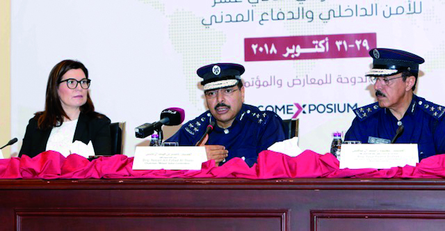Brigadier Nasser bin Fahad Al Thani, President of the Milipol Qatar Committee (centre), with other officials at the press conference held at the Ministry of Interior.