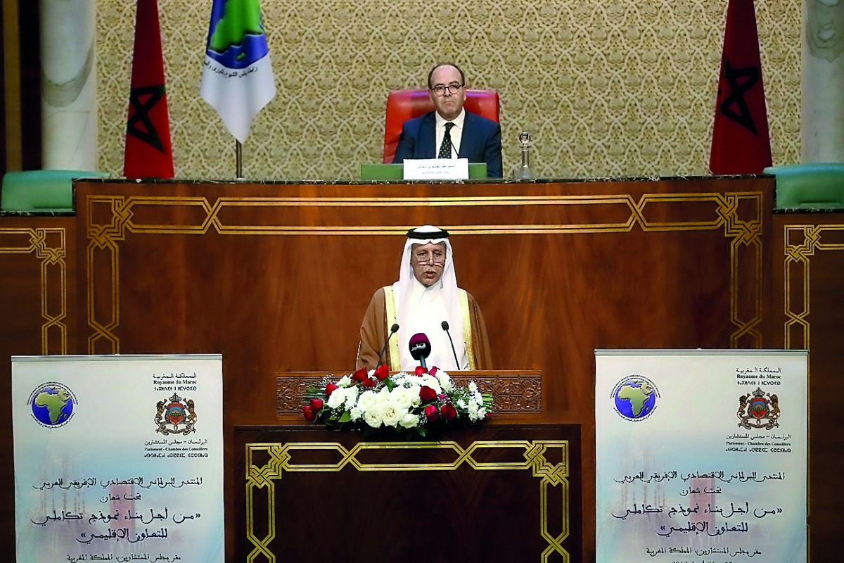 Speaker of the Advisory Council, H E Ahmed bin Abdullah bin Zaid Al Mahmoud,  speaking at the Arab-African Economic Parliamentary Forum.